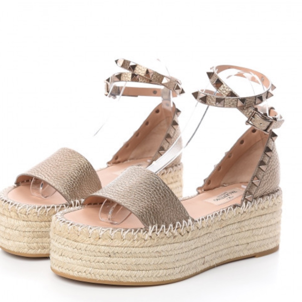 Valentino Metallic Grained Calfskin Rockstud Ankle Wrap Espadrille
